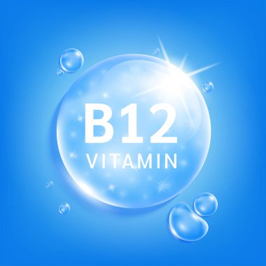 B12 vitamini mavi damla su. Doğadan gelen kimyasal formüllü vitamin kompleksi serum kolajeni. Güzellik tedavisi, beslenme, cilt bakımı. Tıbbi ve bilimsel kavramlar. 3D Gerçekçi Vektör EPS10.