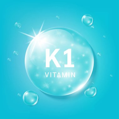 K1 vitamini mavi damla su. Doğadan gelen kimyasal formüllü vitamin kompleksi serum kolajeni. Güzellik tedavisi, beslenme, cilt bakımı. Tıbbi ve bilimsel kavramlar. 3D Gerçekçi Vektör EPS10.