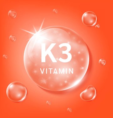 K3 vitamini portakal suyu. Doğadan gelen kimyasal formüllü vitamin kompleksi serum kolajeni. Güzellik tedavisi, beslenme, cilt bakımı. Tıbbi ve bilimsel kavramlar. 3D Gerçekçi Vektör EPS10.