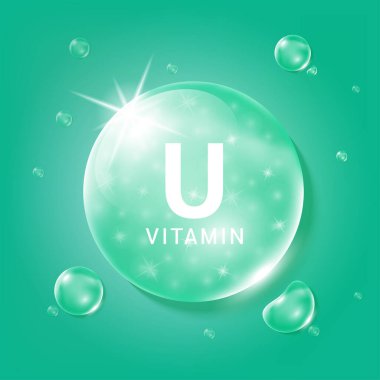 U vitamini yeşil damla suyu. Doğadan gelen kimyasal formüllü vitamin kompleksi serum kolajeni. Güzellik tedavisi, beslenme, cilt bakımı. Tıbbi ve bilimsel kavramlar. 3D Gerçekçi Vektör EPS10.