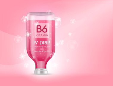 Damlayan kırmızı B6 vitamini. Vitamin şişeleri, serum damlaları, sağlığa ve cilde iyi gelen mineraller. Damar içi doğal besin enjeksiyonu. Tıbbi, güzellik kavramları. 3B vektör.