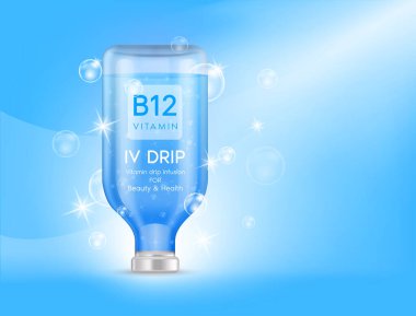 Damlayan mavi serum torbası B12 vitamini. Vitamin şişeleri, serum damlaları, sağlığa ve cilde iyi gelen mineraller. Damar içi doğal besin enjeksiyonu. Tıbbi, güzellik kavramları. 3B vektör.