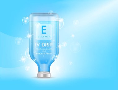 Damlayan E vitamini. Vitamin şişeleri, serum damlaları, sağlığa ve cilde iyi gelen mineraller. Damar içi doğal besin enjeksiyonu. Tıbbi, güzellik kavramları. 3B vektör.
