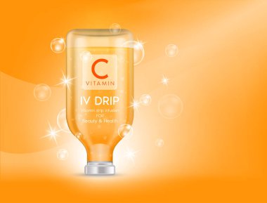 Turuncu damlayan C vitamini. Vitamin şişeleri, serum damlaları, sağlığa ve cilde iyi gelen mineraller. Damar içi doğal besin enjeksiyonu. Tıbbi, güzellik kavramları. 3B vektör.