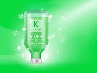 Damlayan yeşil serum torbası K vitamini. Vitamin şişeleri, serum damlaları, sağlığa ve cilde iyi gelen mineraller. Damar içi doğal besin enjeksiyonu. Tıbbi, güzellik kavramları. 3B vektör.