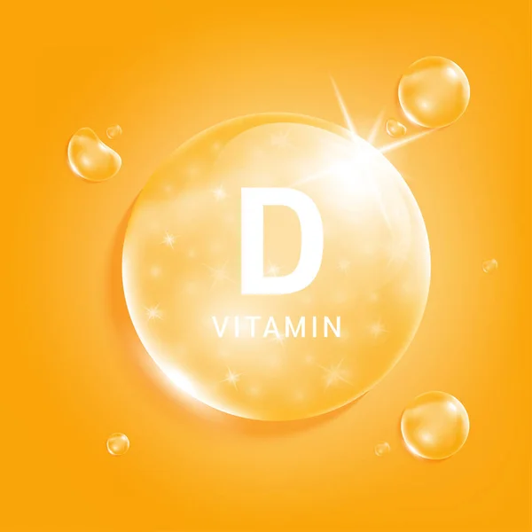 stock vector Vitamin D orange drop water. Vitamin complex serum collagen with chemical formula from nature. Beauty treatment nutrition skin care design. Medical and scientific concepts. 3D Realistic Vector EPS10.