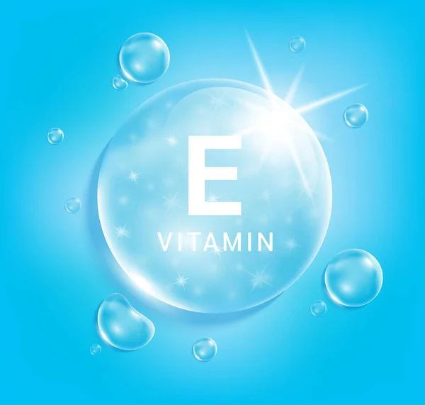 stock vector Vitamin E blue drop water. Vitamin complex serum collagen with chemical formula from nature. Beauty treatment nutrition skin care design. Medical and scientific concepts. 3D Realistic Vector EPS10.