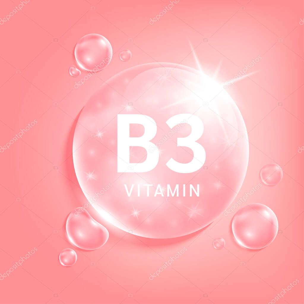 Vitamin B3 pink drop water. Vitamin complex serum collagen with chemical formula from nature. Beauty treatment nutrition skin care design. Medical and scientific concepts. 3D Realistic Vector EPS10.