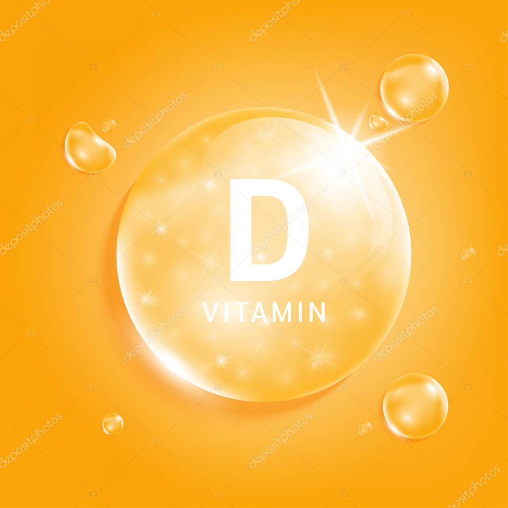 Vitamin D orange drop water. Vitamin complex serum collagen with chemical formula from nature. Beauty treatment nutrition skin care design. Medical and scientific concepts. 3D Realistic Vector EPS10.