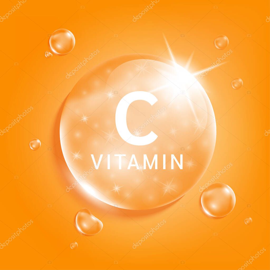 Vitamin C orange drop water. Vitamin complex serum collagen with chemical formula from nature. Beauty treatment nutrition skin care design. Medical and scientific concepts. 3D Realistic Vector EPS10.
