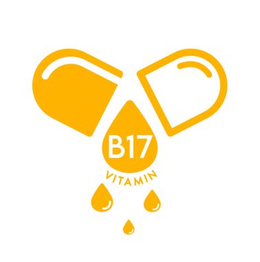 Beyaz zemin üzerinde izole edilmiş, turuncu kapsül şeklindeki B17 vitamini simgesi. Web uygulama mobil ve yazdırma ortamında kullanılacak tasarım. Tıbbi sembol konsepti. Vektör EPS10 illüstrasyonu.