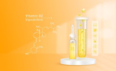 Serum vitamini D2, cam ampul ve sıvı uyuşturucu çözeltisi olan cam şişeler. Doğal kozmetikler. Cilt bakımı için kozmetoloji. Turuncu arka planda. Tıbbi ve güzellik konsepti. Gerçekçi 3B vektör.