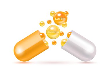 Lutein ve Zeaxanthin ilaç kapsülü portakalı. Vitamin kompleksi. Marigold 'dan besleyici gözlere kadar kimyasal formül. Tıbbi ve sağlık hizmetleri konsepti. Üç boyutlu vektör. Beyaz bir arkaplanda izole edilmiş.