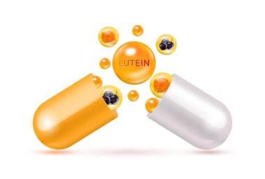 Lutein medicine capsule orange. Vitamin complex with chemical formula from marigold and blackcurrant to nourish eyes. Medical and healthcare concept. 3D Vector. Isolated on a white background. clipart