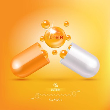 Lutein ilaç kapsülü ve turuncu yapı. İyi bir görüş ve sağlıklı gözler için yiyecek. Görüşü geliştirmek için ürün seçimi. Tıp bilimi ve sağlık hizmeti kavramı. 3B Vektör EPS10.
