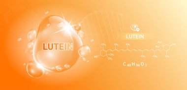 Drop water lutein orange and structure. Vitamin complex with Chemical formula from marigold to nourish eyes. Medical and scientific concepts. 3D Realistic Vector EPS10. clipart