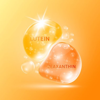 Zeaxanthin, Lutein, Turuncu ve Yapısı 'nı bırak. Vitamin kompleksi. Marigold 'dan besleyici gözlere kadar kimyasal formül. Tıp bilimi ve sağlık hizmeti kavramı. 3D Gerçekçi Vektör EPS10.