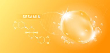 Turuncu arka planda susamin düşüşü ve yapısal siyah susam özü. Vitamin kompleksi turuncu. Besin takviyesi tasarımı. Tıbbi bilimsel kavramlar. 3B vektör.