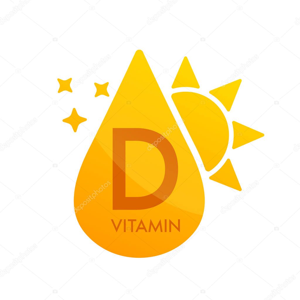 Vitamin C icon with sun orange. Form drop serum simple line isolated on a white background. Design for use in web, app and print media. Medical food supplement symbol concept. Vector EPS10.