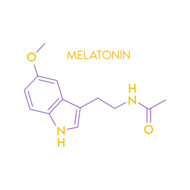 Melatonin yapısal kimyasal formülü beyaz arka planda izole edilmiş. Hormon melatonini derin uykuya teşvik eder. Tıbbi bilimsel kavramlar. Vektör EPS10 illüstrasyonu.