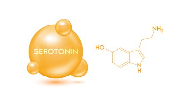 Serotonin modeli turuncu ve yapısal kimyasal formül. Sembol 3 boyutlu simge beyaz arkaplanda izole edildi. Beyinde serotonin hormonu. Tıbbi bilimsel kavramlar. Vektör EPS10 illüstrasyonu.