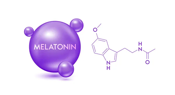 stock vector Melatonin model purple and structural chemical formula. Symbol 3D icon isolated on white background. Hormone melatonin promote deep sleep. Medical scientific concepts. Vector EPS10 illustration.