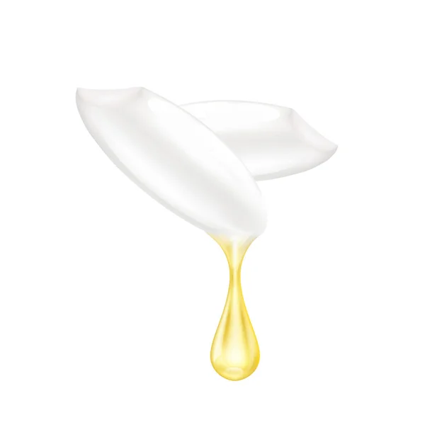 種子から滴る米ぬか油が現実的に閉じます 調理のためのベジタリアン有機成分 油滴抽出光沢のある金色の黄色の3D白の背景に隔離された ベクトルEps10 — ストックベクタ