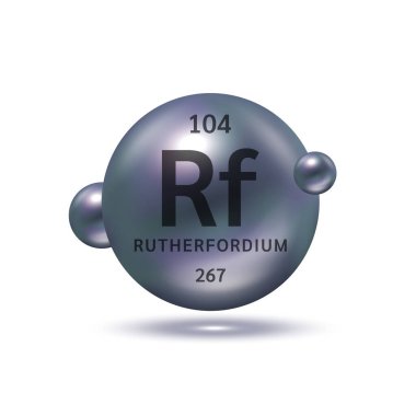 Rutherfordium molekül modelleri siyah ve kimyasal formüller bilimsel element. Ekoloji ve biyokimya kavramı. Beyaz arka planda izole küreler. 3B Vektör İllüstrasyonu.