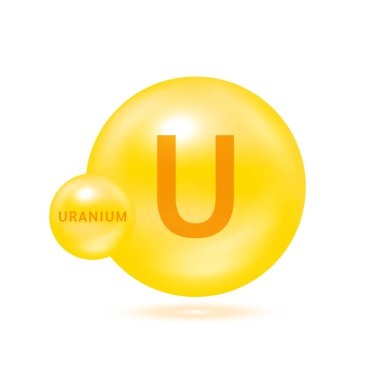 Uranyum molekülleri sarı renkte. Ekoloji ve biyokimya kavramı. Beyaz arka planda izole küreler. 3B Vektör İllüstrasyonu.