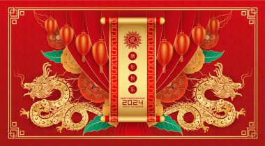 Mutlu Çin Yeni Yılı 2024. Kırmızı arka planda ejderha altın zodyak ve pankart tasarımı için perde feneri. Çin takvim hayvanı. Çeviri Çince Yeni Yıl 2024, Ejderha. Vektör