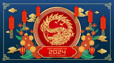 Mutlu Çin Yeni Yılı 2024. Mavi arka planda, sancak tasarımı için çiçek bulutu ve fenerle birlikte ejderha altın burcu işareti. Çin takvim hayvanı. Vektör EPS10.