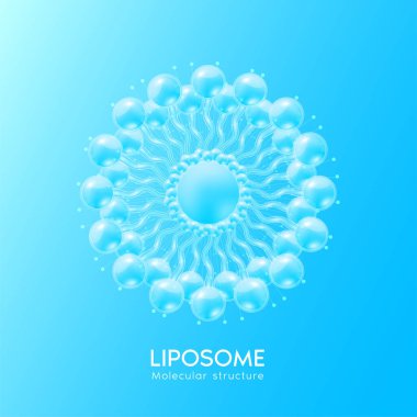 Mavi moleküler yapı liposom. Yüz temizleyici. Nemlendirici kolajen serumu. Güzellik tedavisi cilt bakımı. Tıbbi bilimsel kavramlar. 3D Gerçekçi Vektör EPS10.