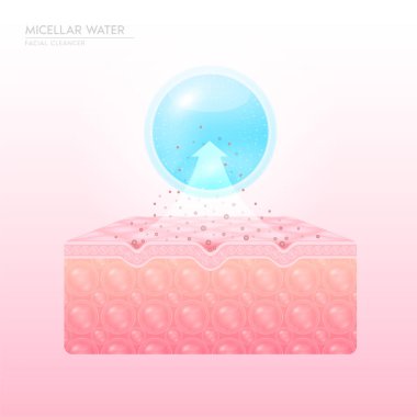 Deri hücrelerine Micellar su damlası. Mahzenle makyajı temizle. Yüz temizleyici, saf ve sağlıklı bir cilt. Toprak kozmetik solüsyonu, yüz bakımı gözenek temizliği. 3B vektör illüstrasyonu.