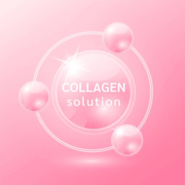Pembe kolajen solüsyonu. Vitamin serumu ve hyaluronik asit derisi. Güzellik kozmetiği için doğadan gelen kimyasal formülle. Tıbbi bilimsel konsept. 3B Gerçekçi Vektör.