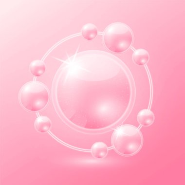 Pembe kolajen solüsyonu. Vitamin serumu ve hyaluronik asit derisi. Güzellik kozmetiği için doğadan gelen kimyasal formülle. Tıbbi bilimsel konsept. 3B Gerçekçi Vektör.