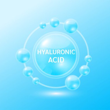 Mavi hyaluronik asit çözeltisi. Güzellik kozmetiği için doğadan gelen kimyasal formülle. Vitamin serumu ve kolajen cilt bakımı çevresi. Tıbbi bilimsel konsept. 3B Vektör.