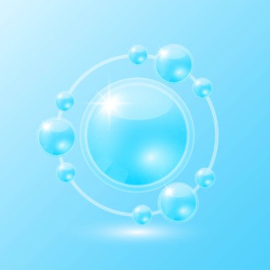 Mavi hyaluronik asit çözeltisi. Kollajen serumu ve nemlendirici cilt bakımı yarıçapı çevresi. Güzellik kozmetiği için doğadan gelen kimyasallarla. Tıbbi bilimsel konsept. 3B Vektör.