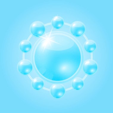 Mavi hyaluronik asit çözeltisi. Güzellik kozmetiği için doğadan gelen kimyasal formülle. Vitamin serumu ve kolajen cilt bakımı. Tıbbi bilimsel konsept. 3B Gerçekçi Vektör.