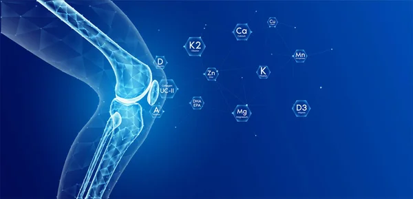 Mavi zemin üzerinde yarı saydam düşük polyester üçgen bacaklı, kalsiyum çinko magnezyum ve vitaminler kemik kıkırdak bakımı kemik eklemlerine emilmiş. Kullanılmış yemek reklamları medyası. Vektör.