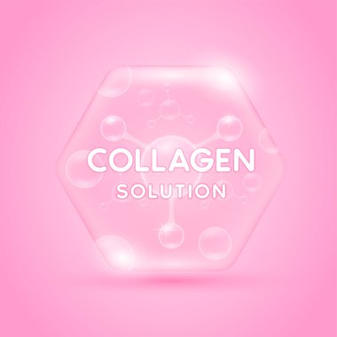 Altıgen pembe kolajen çözeltisi. Hyaluronik Asit ve Nemlendirici Vitaminler, serum cilt bakımı. Kozmetik etiketi ya da güzellik gıdası için. Sağlıklı cilt için temel destek. Vektör EPS10.