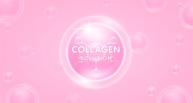 Pembe kolajen solüsyonu havada yüzüyor. Hyaluronik Asit ve Nemlendirici Vitaminler, serum cilt bakımı. Kozmetik bayrak ya da güzellik besinleri için. Sağlıklı cilt için temel destek. Vektör.