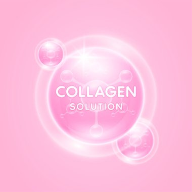 Pembe kolajen solüsyonu havada yüzüyor. Hyaluronik Asit ve Nemlendirici Vitaminler, serum cilt bakımı. Kozmetik bayrak ya da güzellik besinleri için. Sağlıklı cilt için temel destek. Vektör.