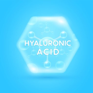 Mavi hyaluronik asit çözeltisi. Kolajen ve Nemlendirici Vitaminler, serum cilt bakımı. Kozmetik etiketi ya da güzellik gıdası için. Sağlıklı cilt için temel destek. Vektör EPS10.