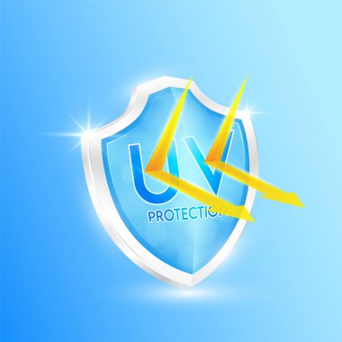 Ultraviyole ışınları cildinize korumalı. Mavi kalkan ve temiz cam oklar şeffaf turuncu ışık alanını güneş ışığını engeller. Krem krem cilt kremi üretiyor. Simge 3B vektörü.