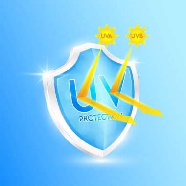 Ultraviyole ışınları cildinize korumalı. Mavi kalkan ve cam oklar transparan UVA UVB turuncusu. Işık alanı yansıması güneş ışığını engeller. Krem krem cilt kremi üretiyor. Simge 3B vektörü.