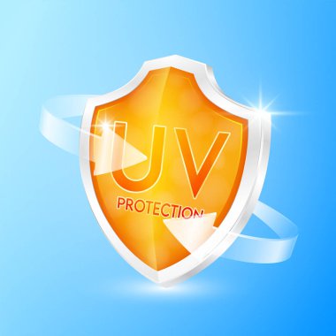 Mavi kalkan ve şeffaf cam oklar ultraviyole ışınları koruyor. Ürün tasarım krem cilt bakımı. Güneş kremi. Simge 3B vektör illüstrasyonu.