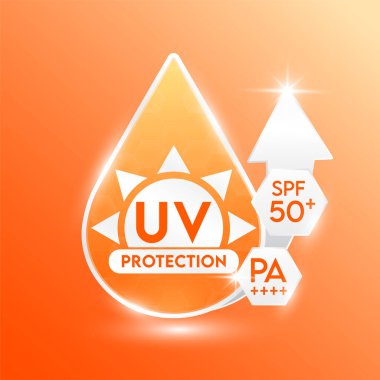 Turuncu serum ve SPF 50, PA + + okları ultraviyole ışınları korur. Ürün tasarım krem cilt bakımı. Güneş kremi. Simge 3B vektör illüstrasyonu.
