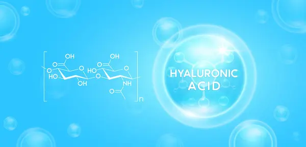 Hyaluronik asit çözeltisi mavi ve kimyasal formül yapısı var. Sağlıklı cilt bakımı için gerekli olan karmaşık kallajen serumu ve nemlendirici vitaminler. Kozmetik güzellik beslenmesi için. Vektör.