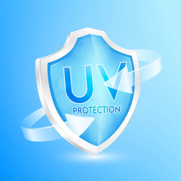 蓝色的护盾和透明的玻璃箭紫外线保护你的皮肤 产品主要用于乳脂护肤 防晒霜的概念图标3D矢量插画 — 图库矢量图片