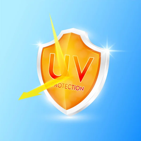 紫外线保护你的皮肤 盾牌和玻璃箭透明橙色 反射光力场 防止阳光照射 产品主要用于防晒霜护肤 Icon 3D矢量 — 图库矢量图片